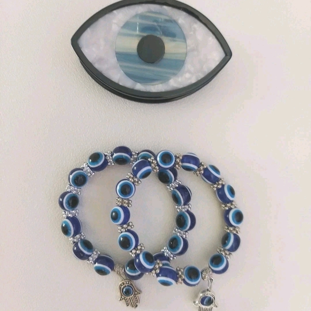 Evil Eye Bracelet & Hairclip Bundle in Blue & Silver